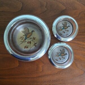 Frank M Whiting Sterling Silver Coasters Set Wine‎ Bottle Glass Ashtray Pheasant